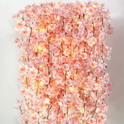 Sunm Boutique Cherry Blossom Garland 4-Pack 23.6 Ft Cherry Blossom Hanging Vine with 32.8 Ft Long 80 LED String Lights Silk Sakura Vines Garland for Wedding Party Decor, Pink