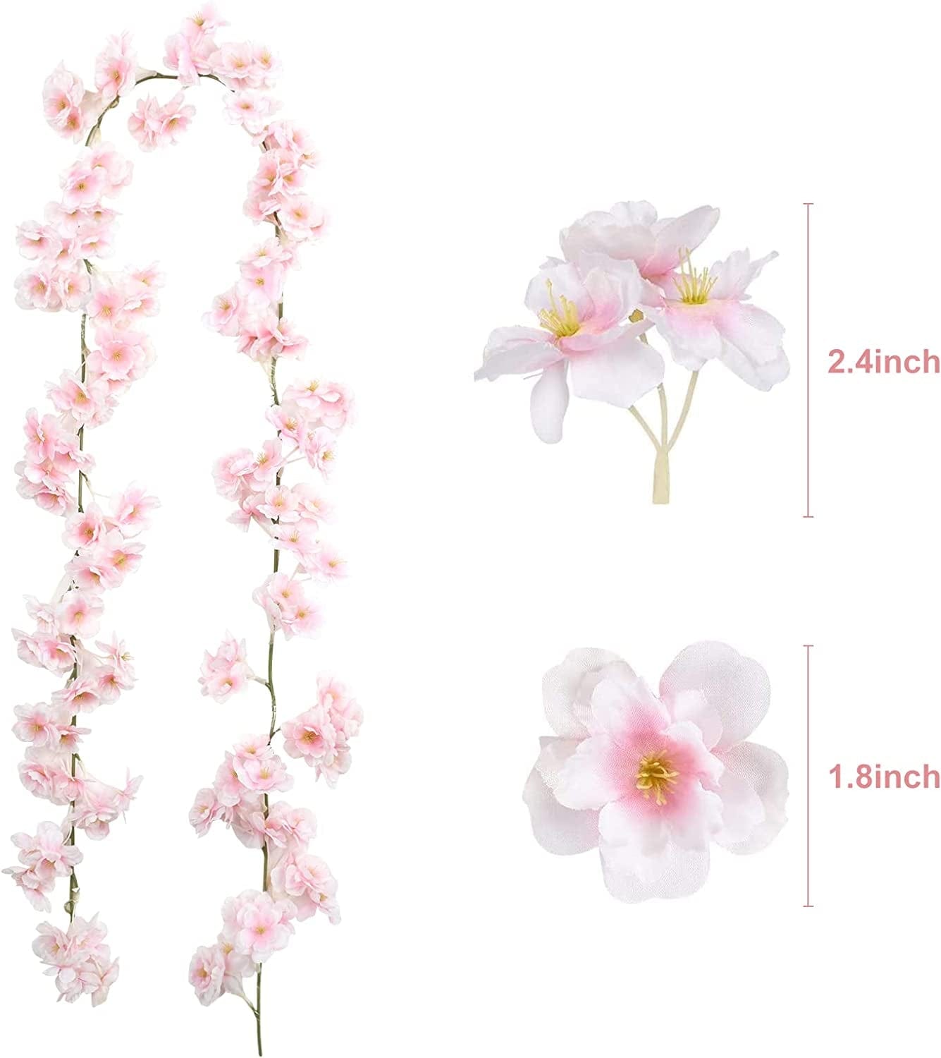 Sunm Boutique Cherry Blossom Garland 4-Pack 23.6 Ft Cherry Blossom Hanging Vine with 32.8 Ft Long 80 LED String Lights Silk Sakura Vines Garland for Wedding Party Decor, Pink