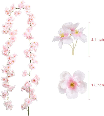Sunm Boutique Cherry Blossom Garland 4-Pack 23.6 Ft Cherry Blossom Hanging Vine with 32.8 Ft Long 80 LED String Lights Silk Sakura Vines Garland for Wedding Party Decor, Pink