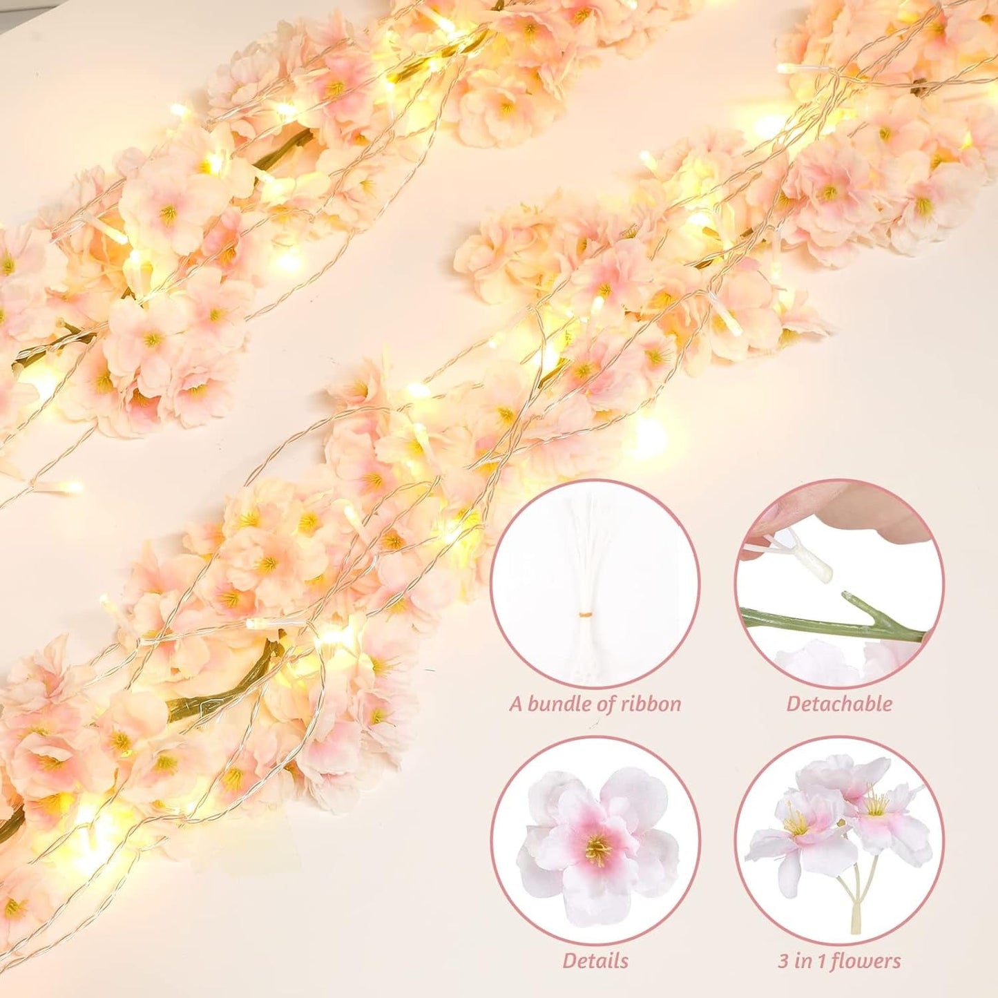 Sunm Boutique Cherry Blossom Garland 4-Pack 23.6 Ft Cherry Blossom Hanging Vine with 32.8 Ft Long 80 LED String Lights Silk Sakura Vines Garland for Wedding Party Decor, Pink