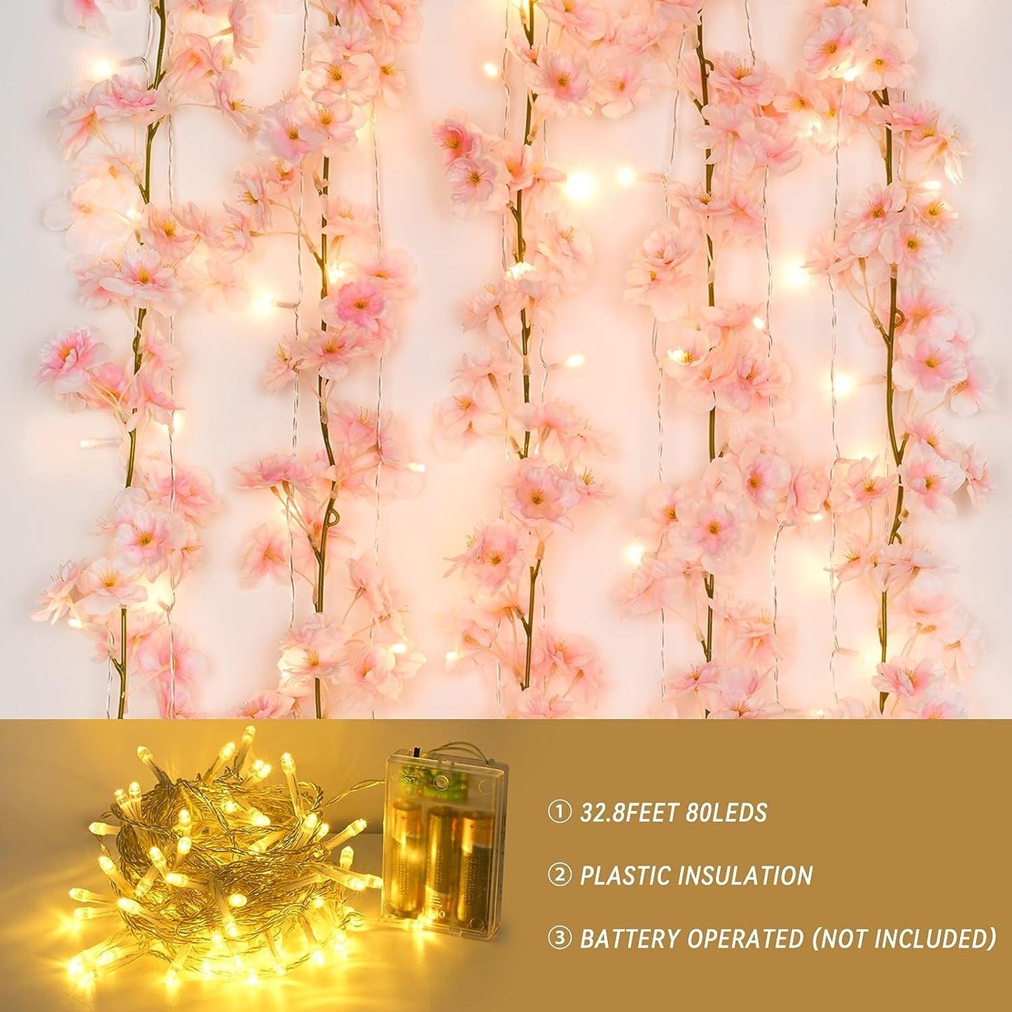 Sunm Boutique Cherry Blossom Garland 4-Pack 23.6 Ft Cherry Blossom Hanging Vine with 32.8 Ft Long 80 LED String Lights Silk Sakura Vines Garland for Wedding Party Decor, Pink