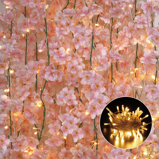 Sunm Boutique Cherry Blossom Garland 4-Pack 23.6 Ft Cherry Blossom Hanging Vine with 32.8 Ft Long 80 LED String Lights Silk Sakura Vines Garland for Wedding Party Decor, Pink