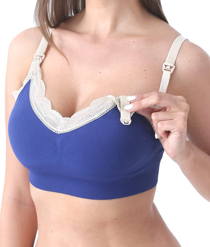 SUNNYBUY Women'S Nursing Bras Breastfeeding Maternity Bralette Pregnancy Wireless Seamless Postpartum Bra Lace-1pcs Blue / Medium