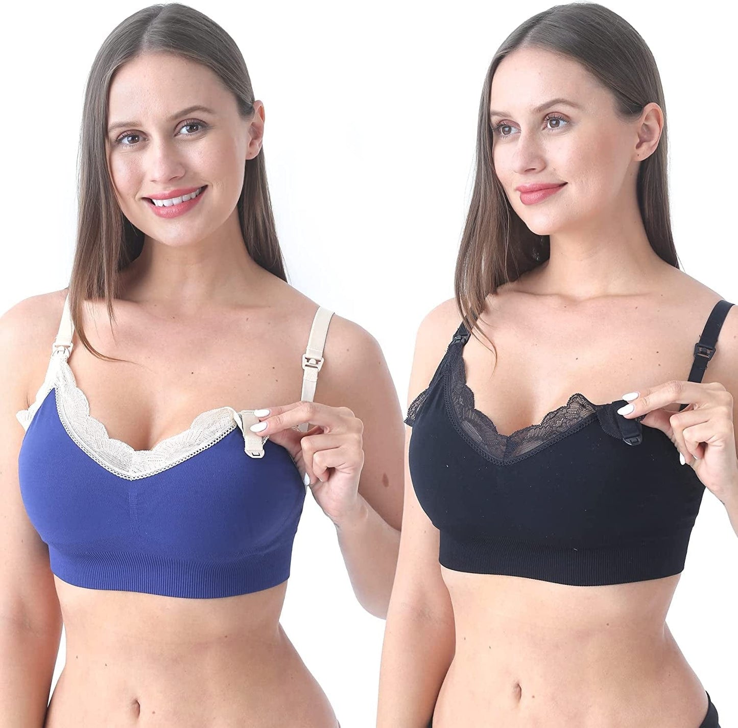 SUNNYBUY Women'S Nursing Bras Breastfeeding Maternity Bralette Pregnancy Wireless Seamless Postpartum Bra Lace-2pcs Blackblue / Medium