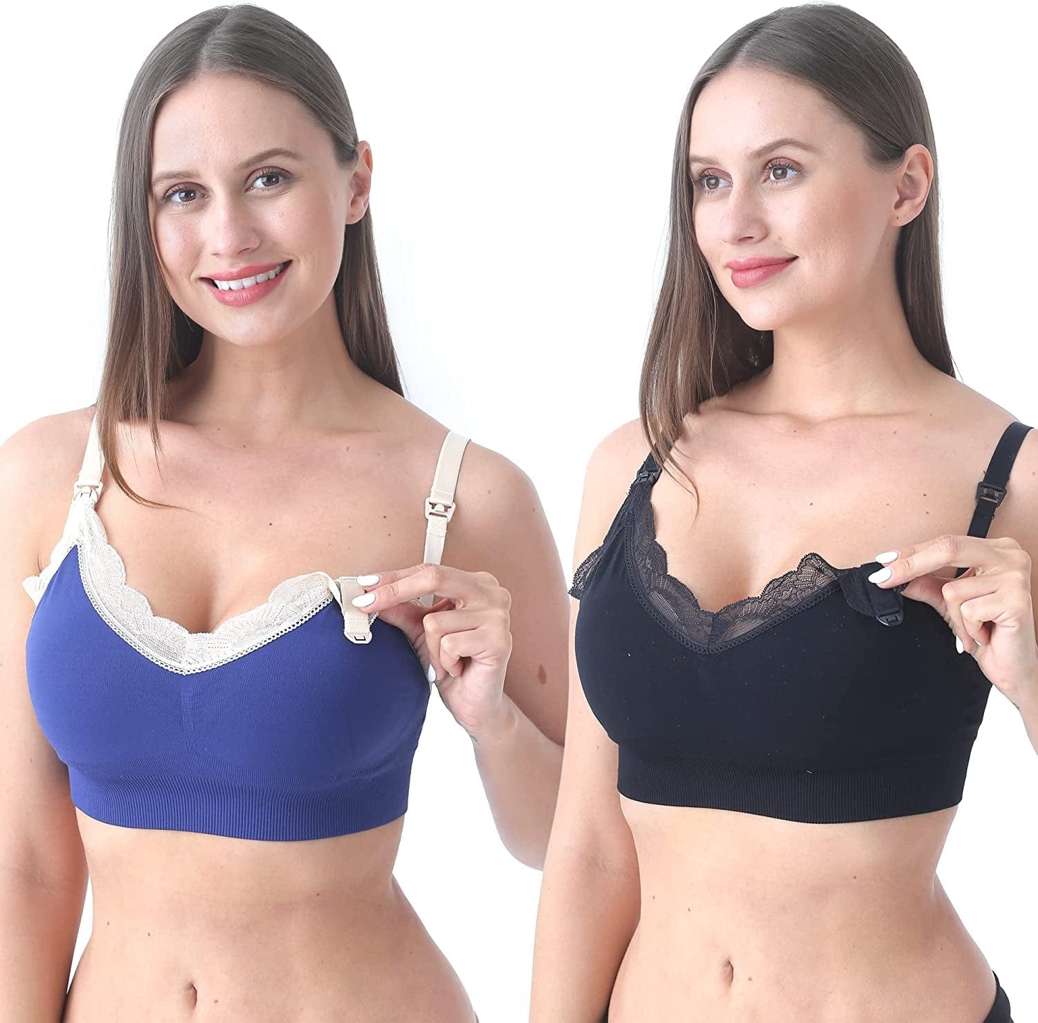 SUNNYBUY Women'S Nursing Bras Breastfeeding Maternity Bralette Pregnancy Wireless Seamless Postpartum Bra Lace-2pcs Blackblue / Medium