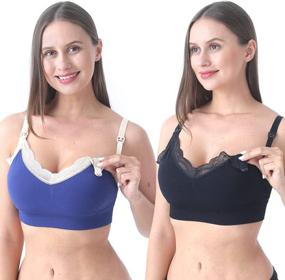 SUNNYBUY Women'S Nursing Bras Breastfeeding Maternity Bralette Pregnancy Wireless Seamless Postpartum Bra Lace-2pcs Blackblue / Medium
