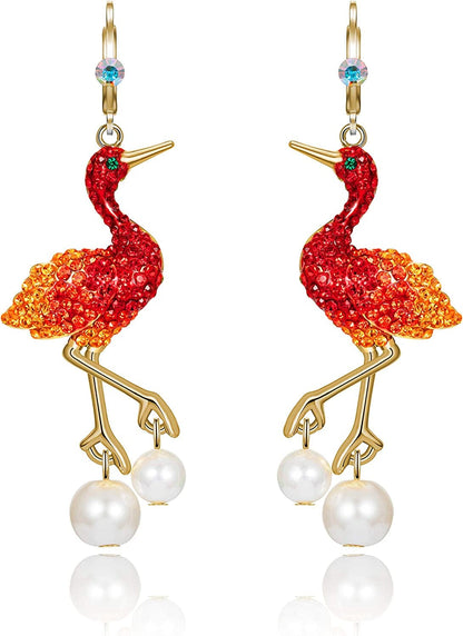 Superchic Elegant Crane Bird Hoop Earring with Austrian Crystals and Pearls/Elegant Crane Bird Pearl Necklace Pendant with Fine Chain for Wowen Girl Gift Party Red 2