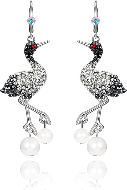 Superchic Elegant Crane Bird Hoop Earring with Austrian Crystals and Pearls/Elegant Crane Bird Pearl Necklace Pendant with Fine Chain for Wowen Girl Gift Party White 2