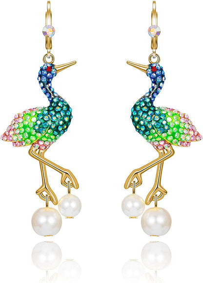 Superchic Elegant Crane Bird Hoop Earring with Austrian Crystals and Pearls/Elegant Crane Bird Pearl Necklace Pendant with Fine Chain for Wowen Girl Gift Party Green 2