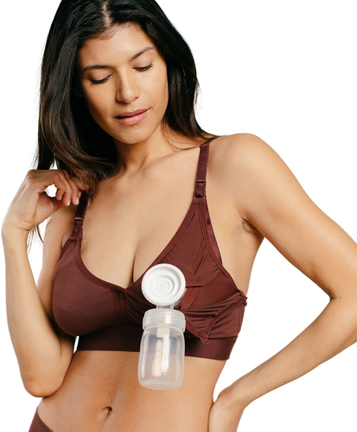 Supermom Pumping and Nursing Bra in One - Adjustable Pumping Bra Hands Free - Maternity Breast Pump Bra Bitter Chocolate / Full Cup / Large