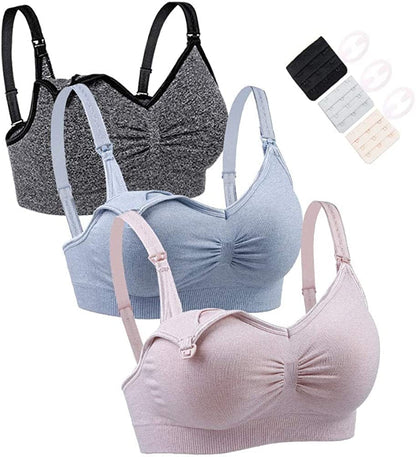 Support Nursing Bras for Breastfeeding Women Maternity Bras for Breastfeeding Pregnancy with Extender Clips 3Pack Pink+blue-gray+black / Medium