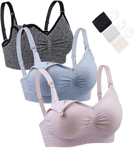 Support Nursing Bras for Breastfeeding Women Maternity Bras for Breastfeeding Pregnancy with Extender Clips 3Pack Pink+blue-gray+black / Medium