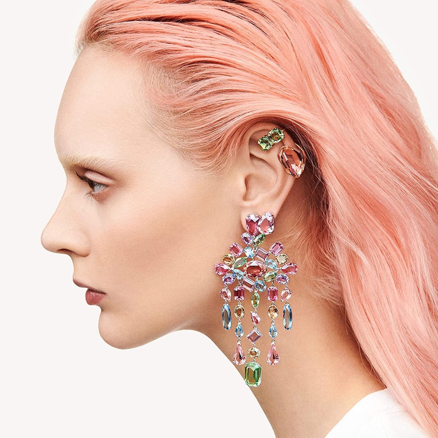 Swarovski Gema Stud Pierced Earrings, with Pink Teardrop Cut Swarovski Crystal on Rhodium-Finish Setting, Part of the Swarovski Gema Collection