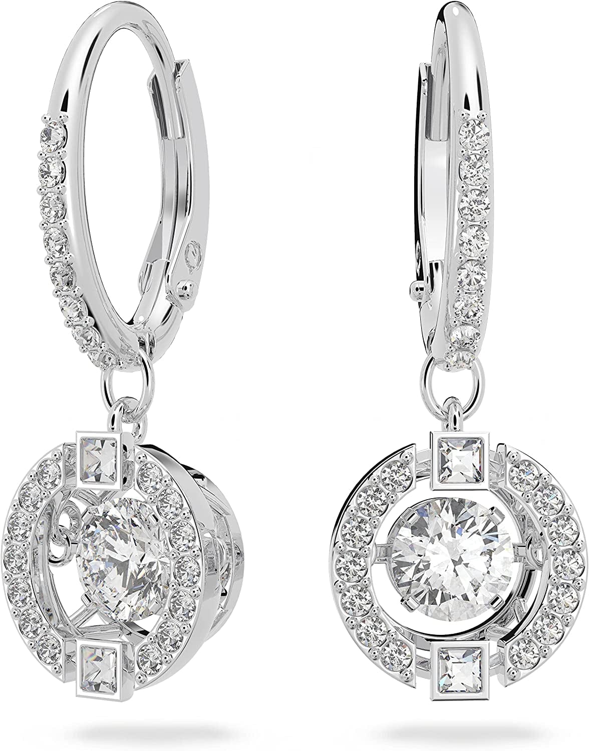 Swarovski Sparkling Dance round Jewelry Collection, Rhodium Finish, Blue Crystals, Clear Crystals Pierced Earrings - Clear Crystals