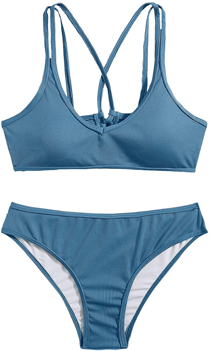 SweatyRocks Women's Bathing Suits Spaghetti Strap Criss Cross Back Bikini Ribbed Swimsuit Apparel & Accessories > Clothing > Swimwear SweatyRocks Haze Blue Small 