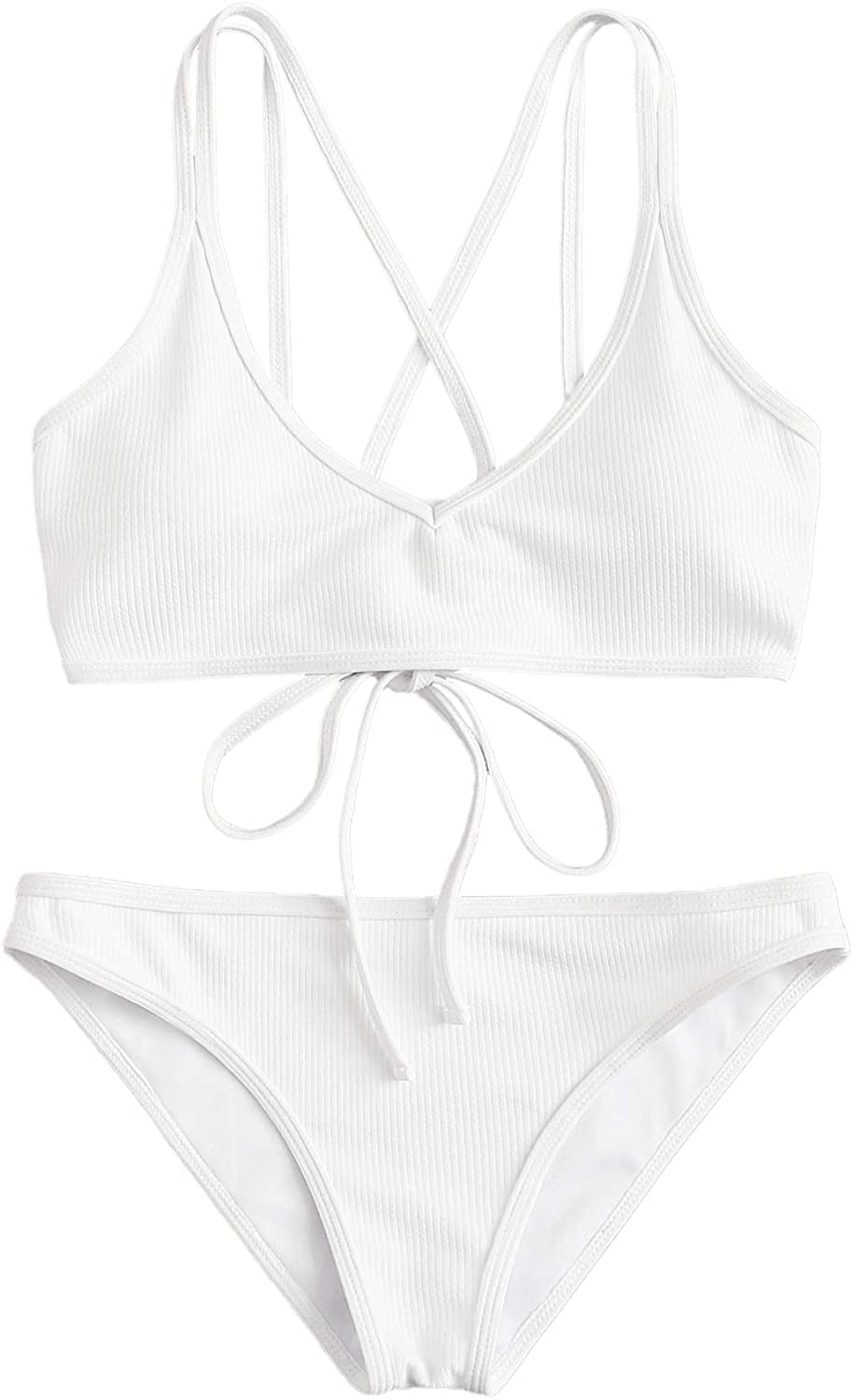 SweatyRocks Women's Bathing Suits Spaghetti Strap Criss Cross Back Bikini Ribbed Swimsuit Apparel & Accessories > Clothing > Swimwear SweatyRocks White Small 