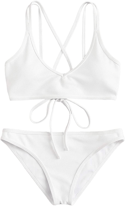 SweatyRocks Women's Bathing Suits Spaghetti Strap Criss Cross Back Bikini Ribbed Swimsuit Apparel & Accessories > Clothing > Swimwear SweatyRocks White Small 