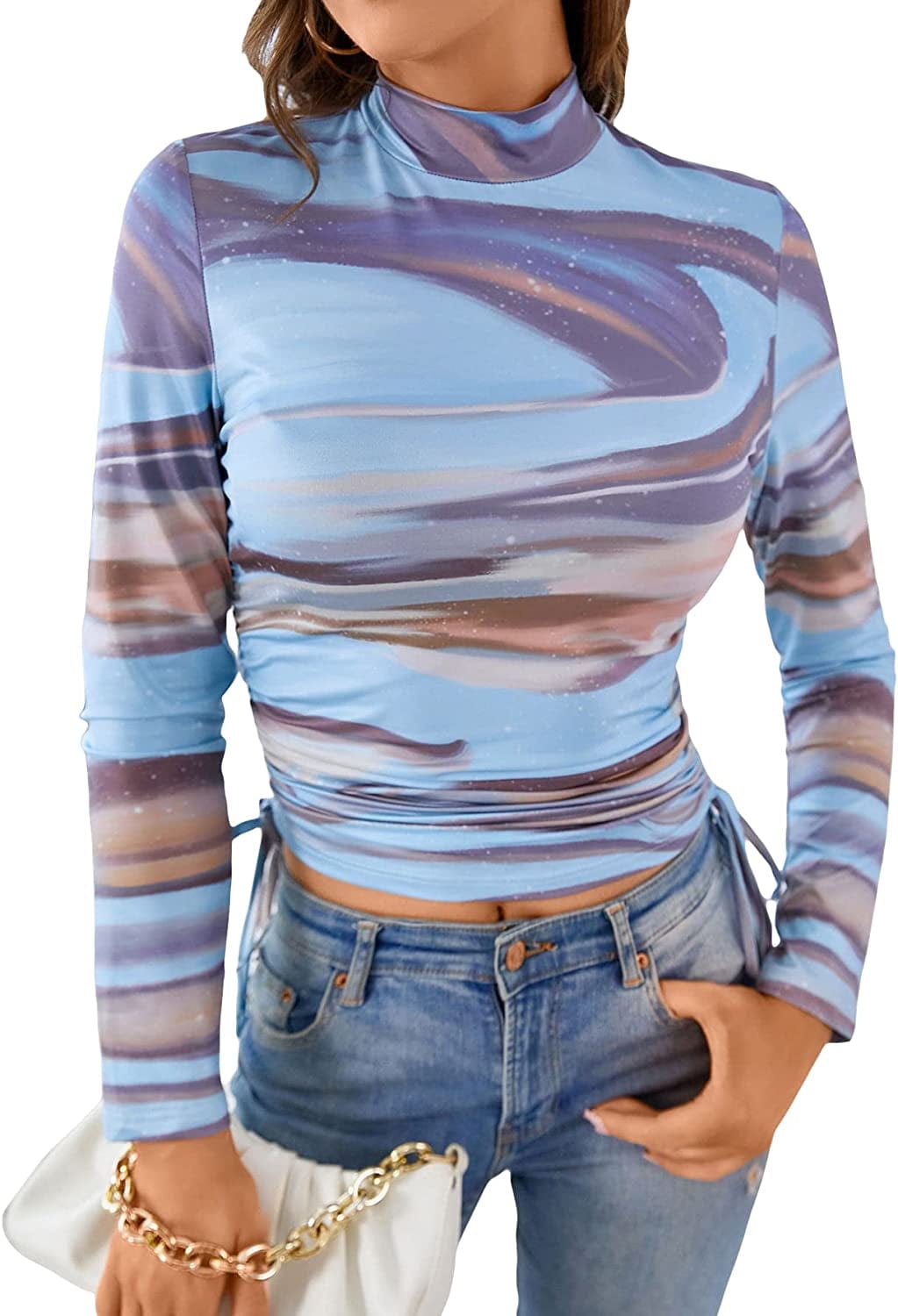 Sweatyrocks Women'S Long Sleeve Mock Neck Angel Print Sexy Sheer Mesh Crop Top Blue Grey / X-Small
