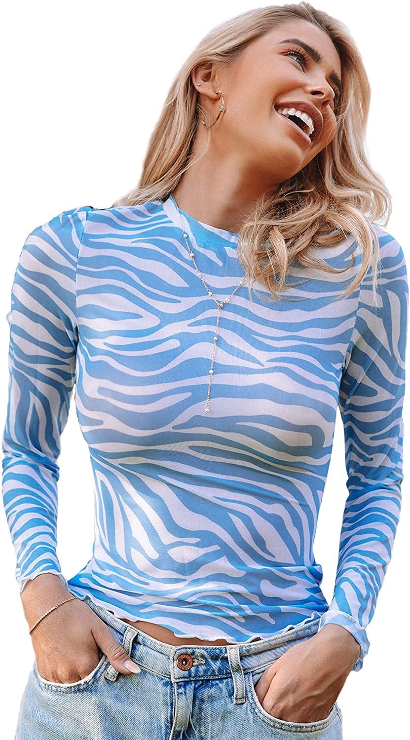 Sweatyrocks Women'S Long Sleeve Mock Neck Angel Print Sexy Sheer Mesh Crop Top Light Blue / Small