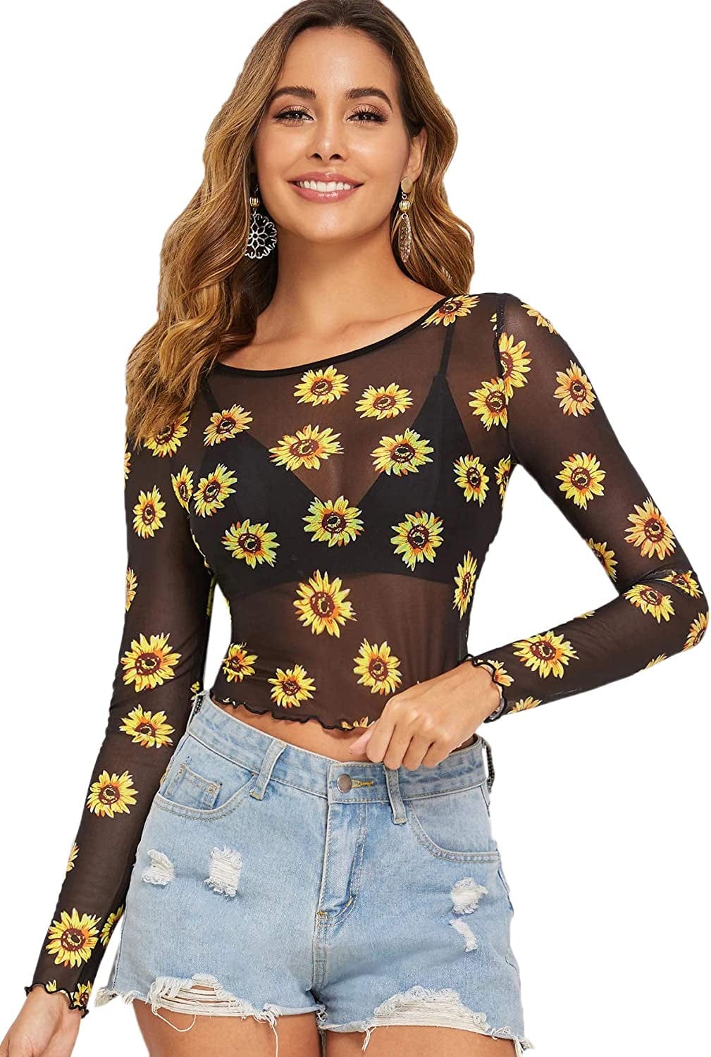 Sweatyrocks Women'S Long Sleeve Mock Neck Angel Print Sexy Sheer Mesh Crop Top Sunflower Print / X-Small
