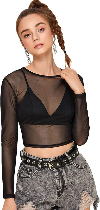 Sweatyrocks Women'S Long Sleeve Mock Neck Angel Print Sexy Sheer Mesh Crop Top Black #3 / Medium