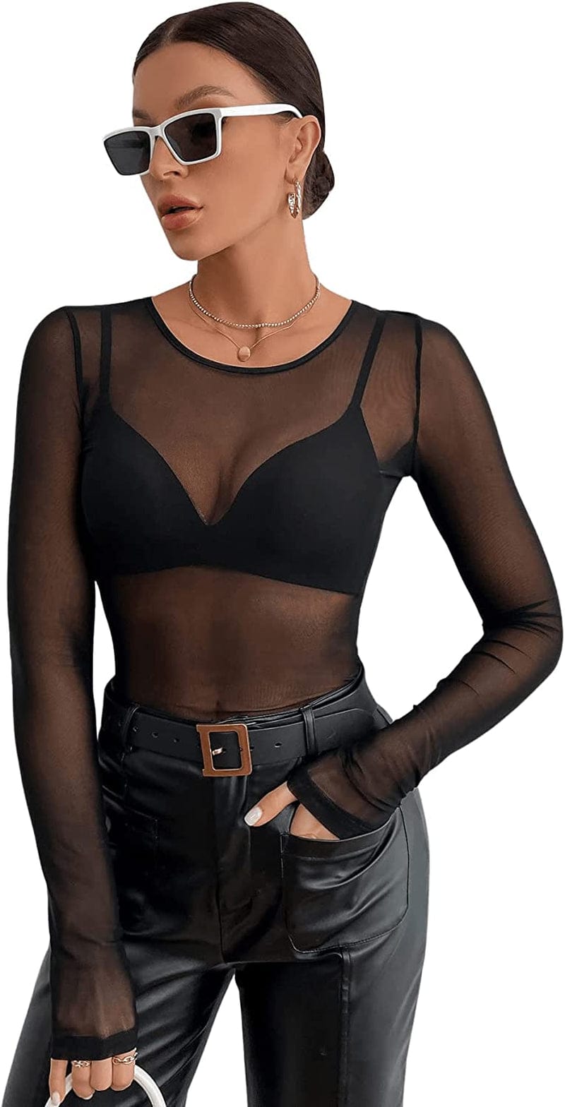 Sweatyrocks Women'S Long Sleeve Mock Neck Angel Print Sexy Sheer Mesh Crop Top Solid Pure Black / X-Small