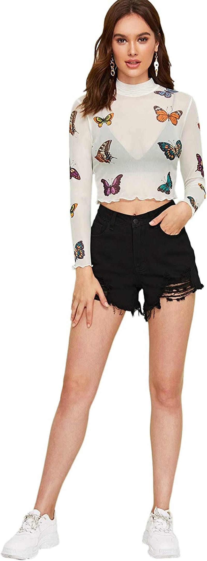 Sweatyrocks Women'S Long Sleeve Mock Neck Angel Print Sexy Sheer Mesh Crop Top
