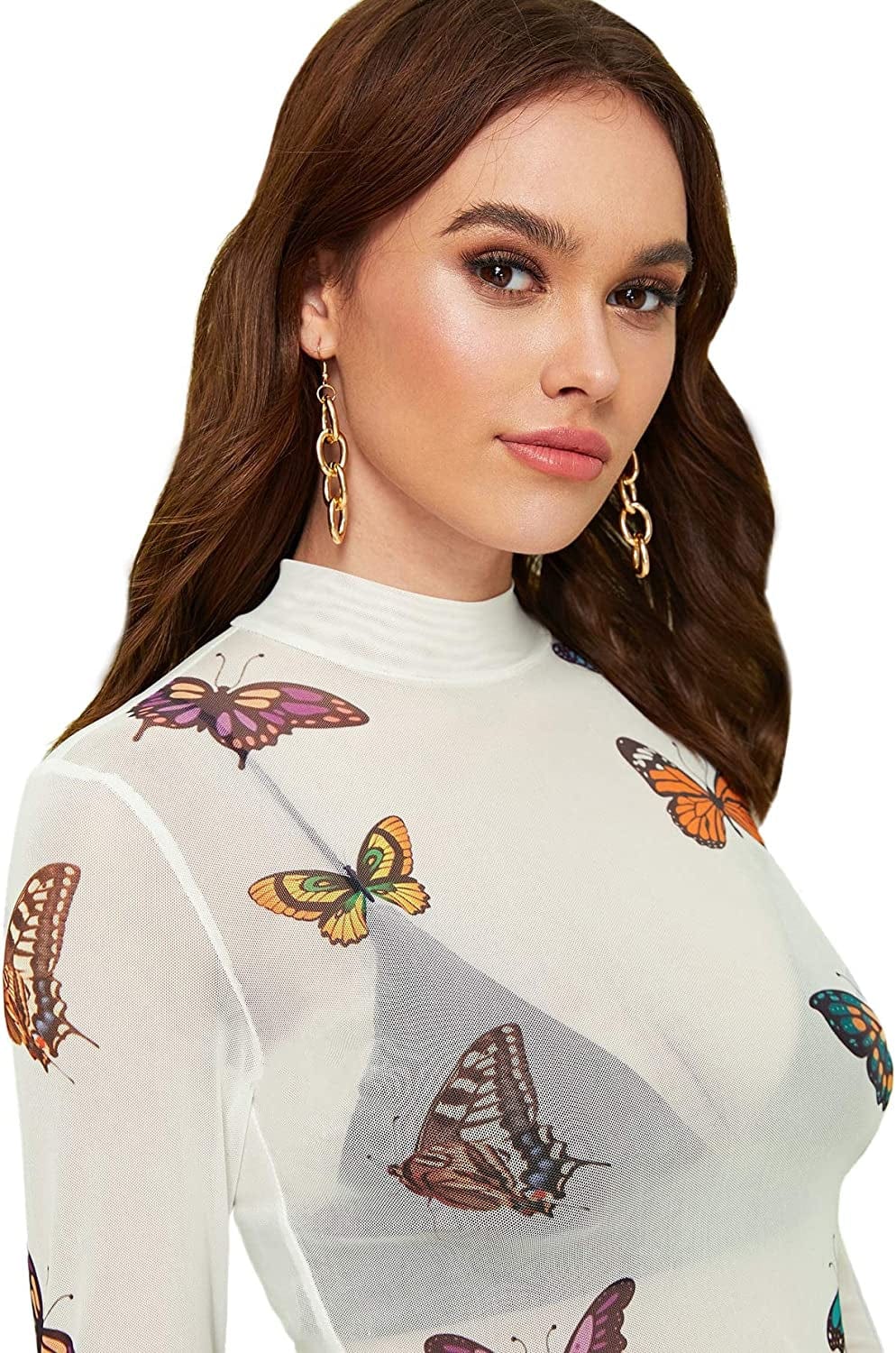 Sweatyrocks Women'S Long Sleeve Mock Neck Angel Print Sexy Sheer Mesh Crop Top
