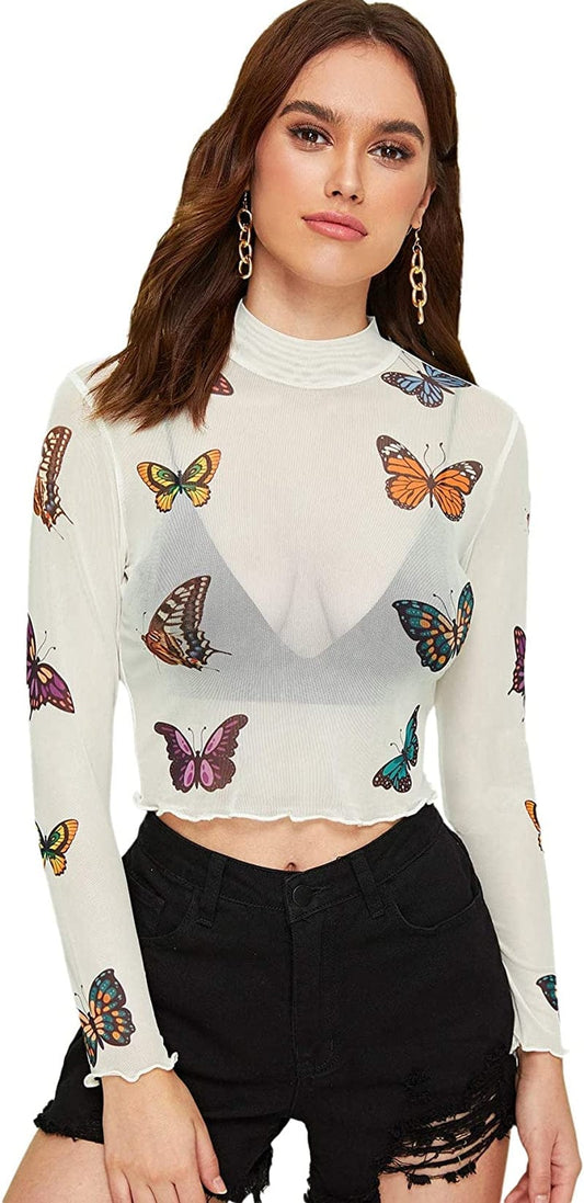Sweatyrocks Women'S Long Sleeve Mock Neck Angel Print Sexy Sheer Mesh Crop Top Beige / Medium