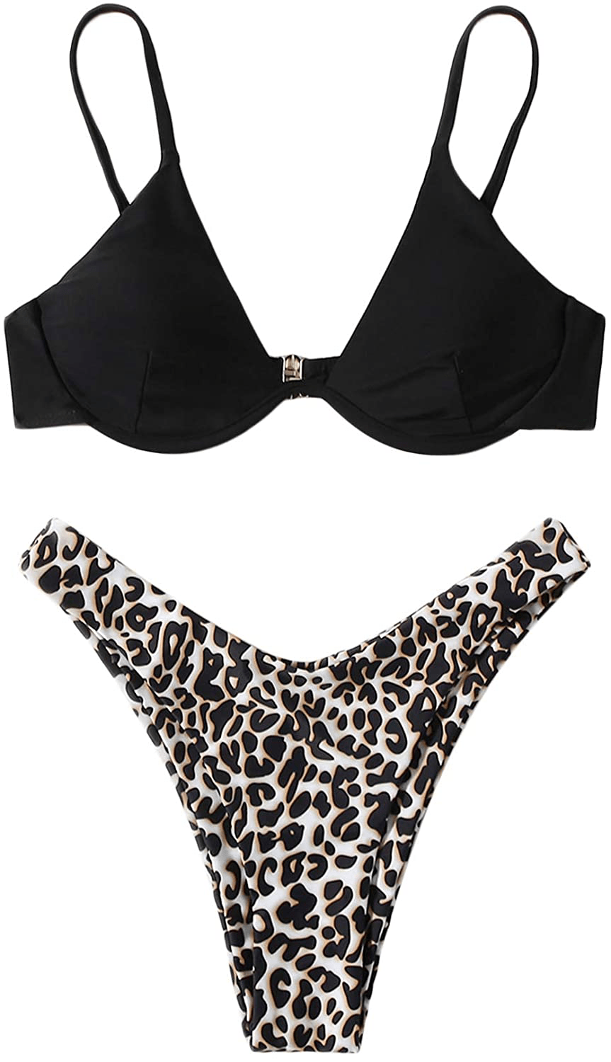 SweatyRocks Women's Sexy Bathing Suits Spaghetti Strap Floral Bikini Set Underwire Swimsuit Apparel & Accessories > Clothing > Swimwear SweatyRocks Leopard Black Small 