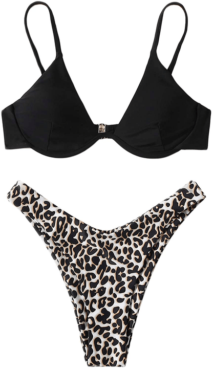 SweatyRocks Women's Sexy Bathing Suits Spaghetti Strap Floral Bikini Set Underwire Swimsuit Apparel & Accessories > Clothing > Swimwear SweatyRocks Leopard Black Small 