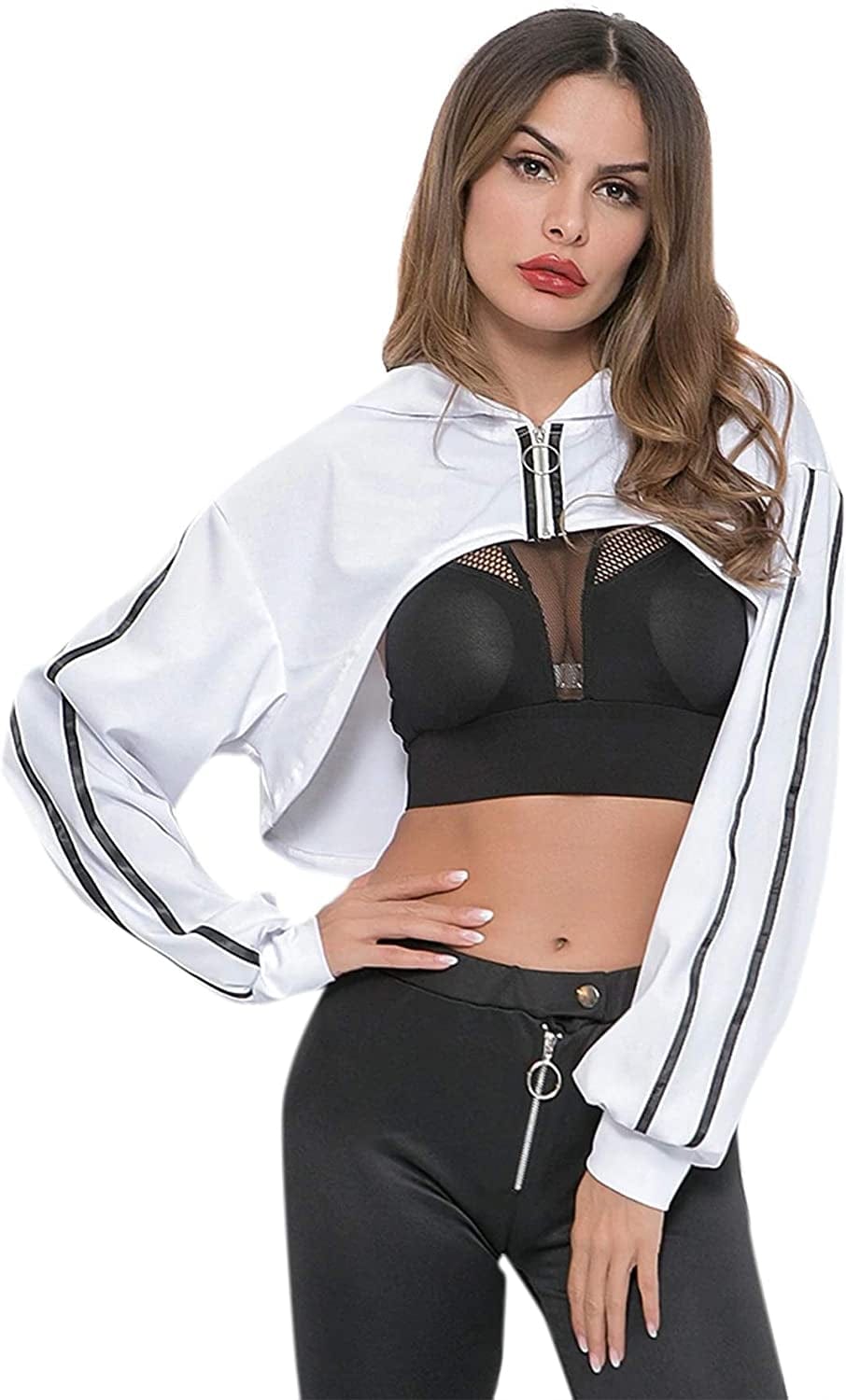 Sweatyrocks Women'S Solid Black Long Sleeve Pullover Crop Top Hoodie White #1 / Large