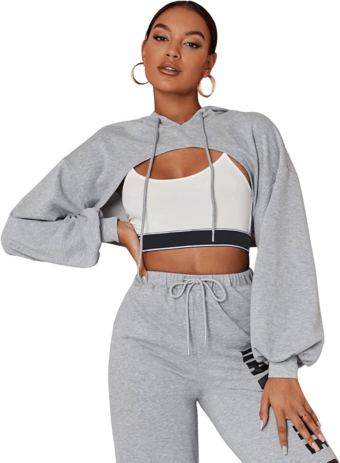 Sweatyrocks Women'S Solid Black Long Sleeve Pullover Crop Top Hoodie Solid Light Grey / X-Small