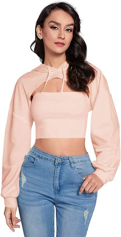 Sweatyrocks Women'S Solid Black Long Sleeve Pullover Crop Top Hoodie Light Pink / Medium