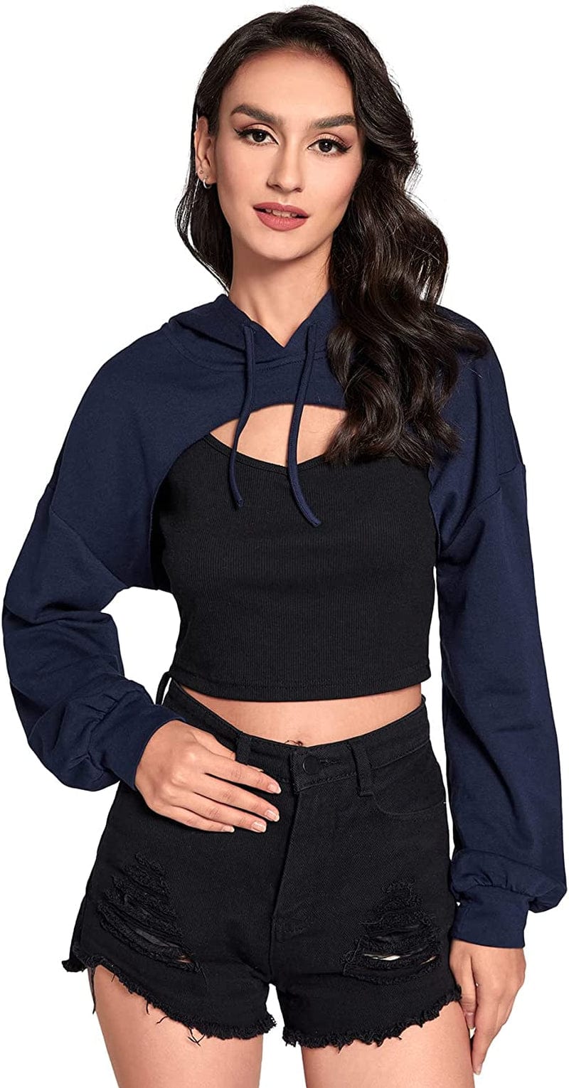Sweatyrocks Women'S Solid Black Long Sleeve Pullover Crop Top Hoodie Navy Blue / Medium