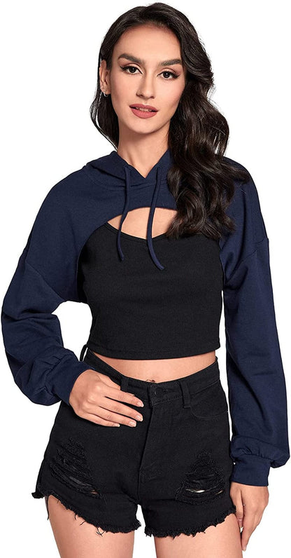 Sweatyrocks Women'S Solid Black Long Sleeve Pullover Crop Top Hoodie Navy Blue / Medium