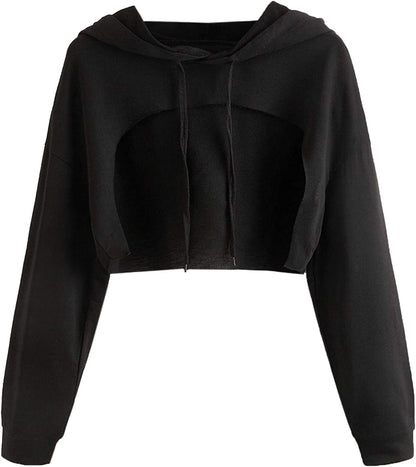Sweatyrocks Women'S Solid Black Long Sleeve Pullover Crop Top Hoodie Pure Black / Medium