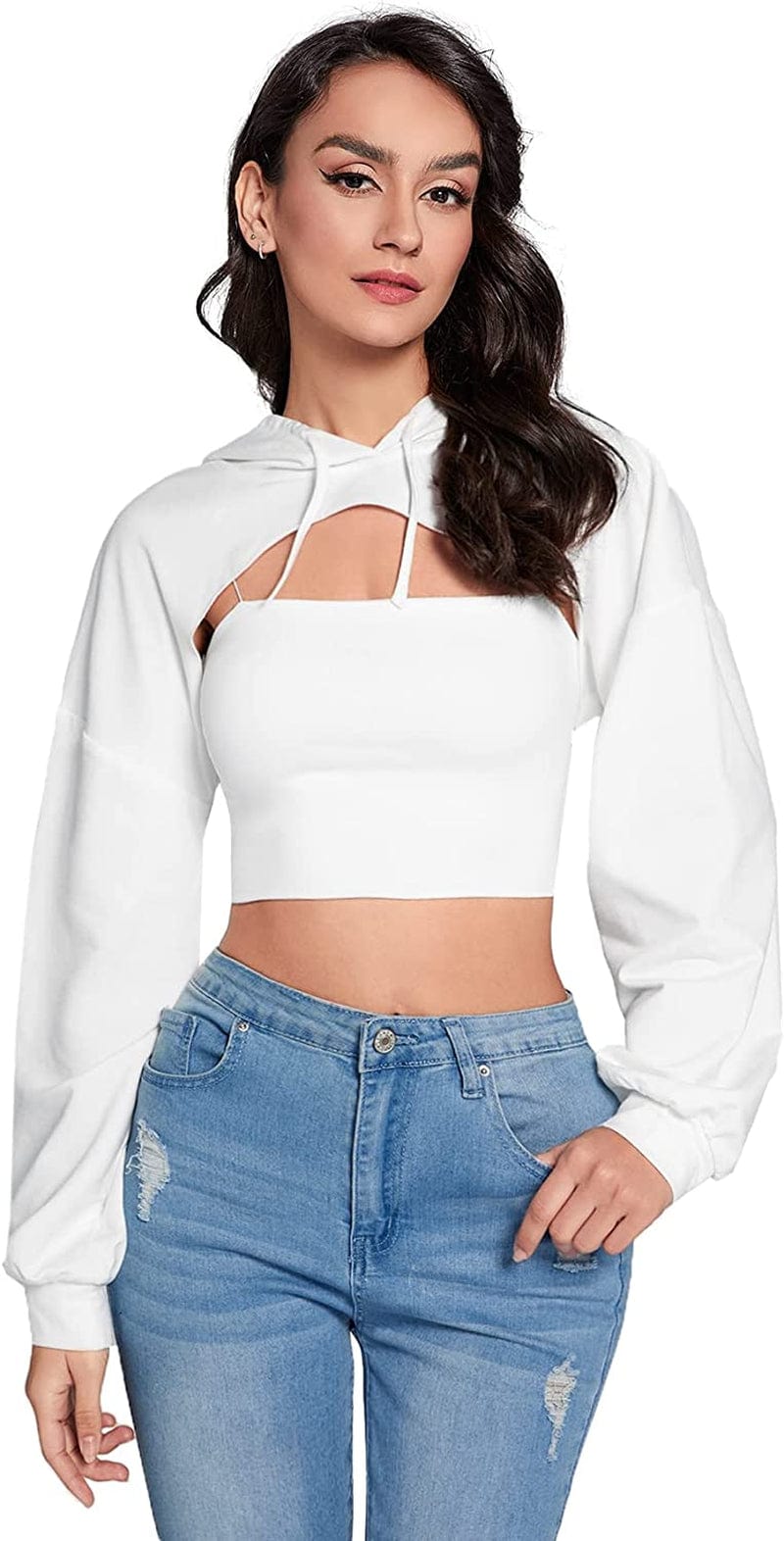 Sweatyrocks Women'S Solid Black Long Sleeve Pullover Crop Top Hoodie White Solid / Medium