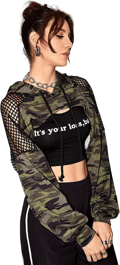 Sweatyrocks Women'S Solid Black Long Sleeve Pullover Crop Top Hoodie Camo / Medium