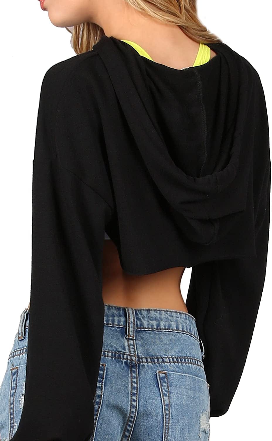 Sweatyrocks Women'S Solid Black Long Sleeve Pullover Crop Top Hoodie