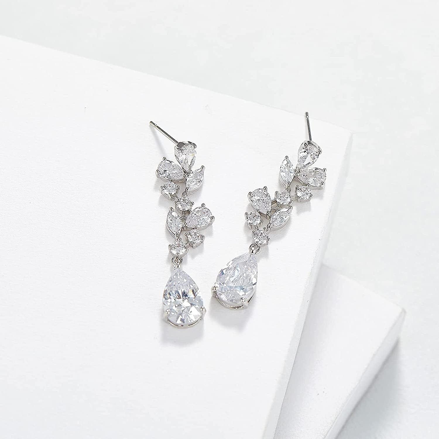 SWEEETV Bridal Wedding Earrings for Brides Bridesmaides-Marquise Teardrop Earrings for Women, Cubic Zirconia Drop and Dangle Earrings for Prom or Pageant,Jewelry