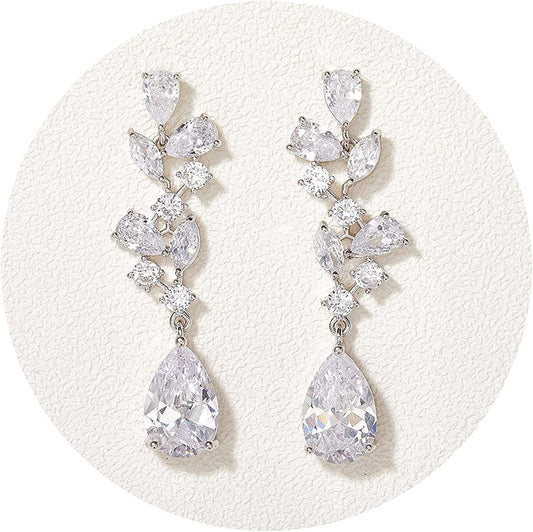 SWEEETV Bridal Wedding Earrings for Brides Bridesmaides-Marquise Teardrop Earrings for Women, Cubic Zirconia Drop and Dangle Earrings for Prom or Pageant,Jewelry Silver