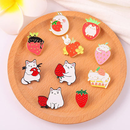 Sweet Strawberry Enamel Pins Set Cartoon Fruit Rabbit Cat Lapel Pins for Women Girl Cute Brooches Pin Badges for Clothing Backpacks 10 Pieces
