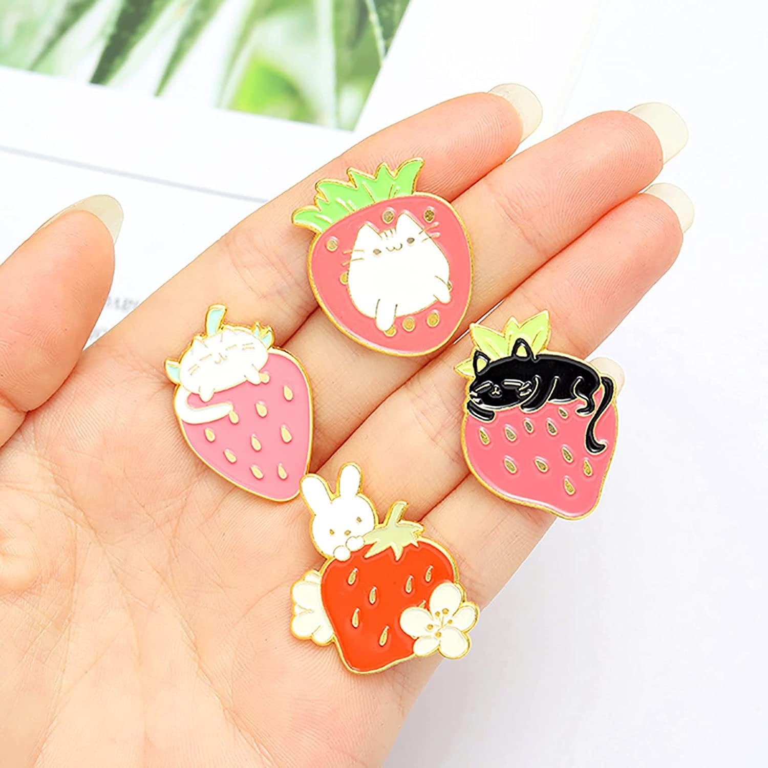 Sweet Strawberry Enamel Pins Set Cartoon Fruit Rabbit Cat Lapel Pins for Women Girl Cute Brooches Pin Badges for Clothing Backpacks 10 Pieces