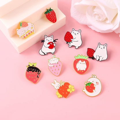 Sweet Strawberry Enamel Pins Set Cartoon Fruit Rabbit Cat Lapel Pins for Women Girl Cute Brooches Pin Badges for Clothing Backpacks 10 Pieces