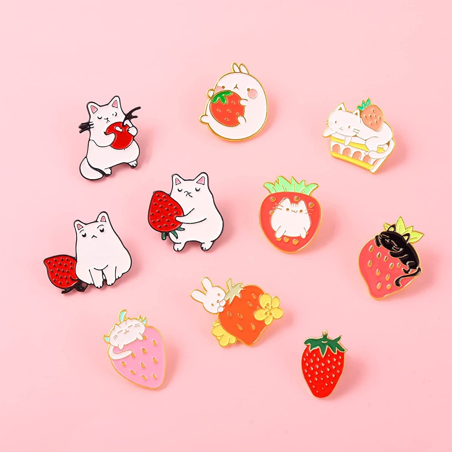 Sweet Strawberry Enamel Pins Set Cartoon Fruit Rabbit Cat Lapel Pins for Women Girl Cute Brooches Pin Badges for Clothing Backpacks 10 Pieces