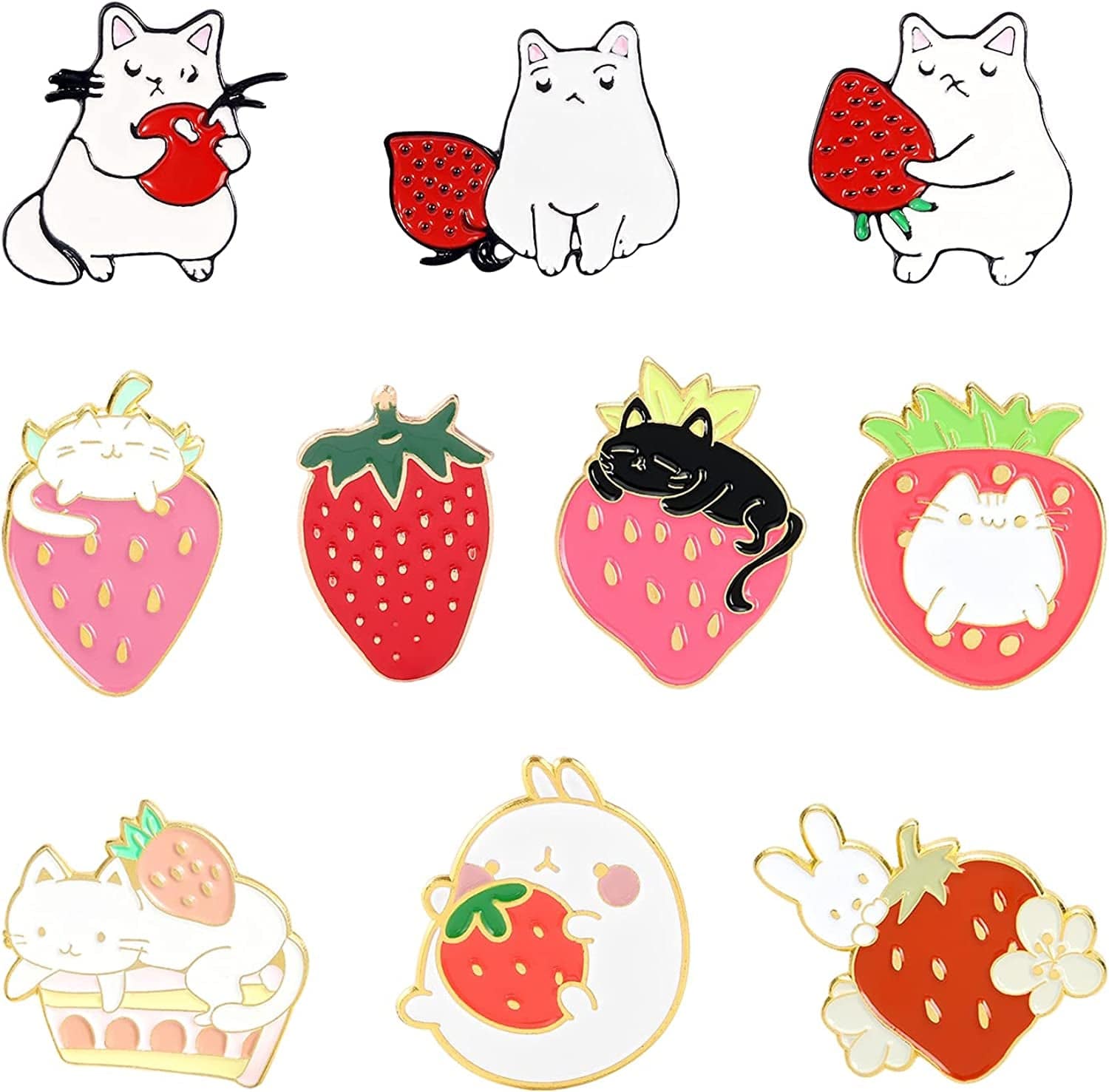 Sweet Strawberry Enamel Pins Set Cartoon Fruit Rabbit Cat Lapel Pins for Women Girl Cute Brooches Pin Badges for Clothing Backpacks 10 Pieces