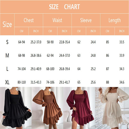 TAMEYA Long Sleeve Mini Dress for Women, Casual Smocked Fall Dresses, Square Neck Ruffle Hem A-Line Short Babydoll Dress