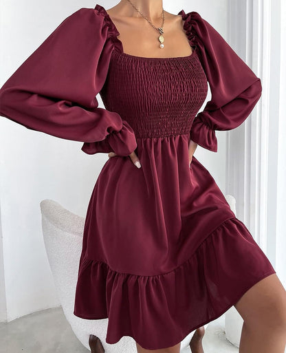 TAMEYA Long Sleeve Mini Dress for Women, Casual Smocked Fall Dresses, Square Neck Ruffle Hem A-Line Short Babydoll Dress
