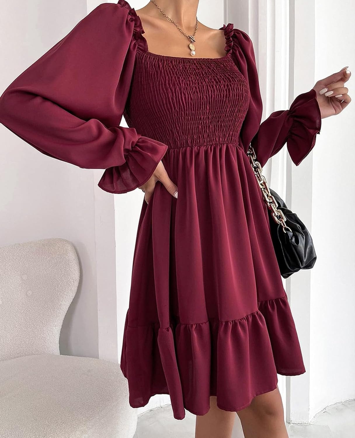 TAMEYA Long Sleeve Mini Dress for Women, Casual Smocked Fall Dresses, Square Neck Ruffle Hem A-Line Short Babydoll Dress
